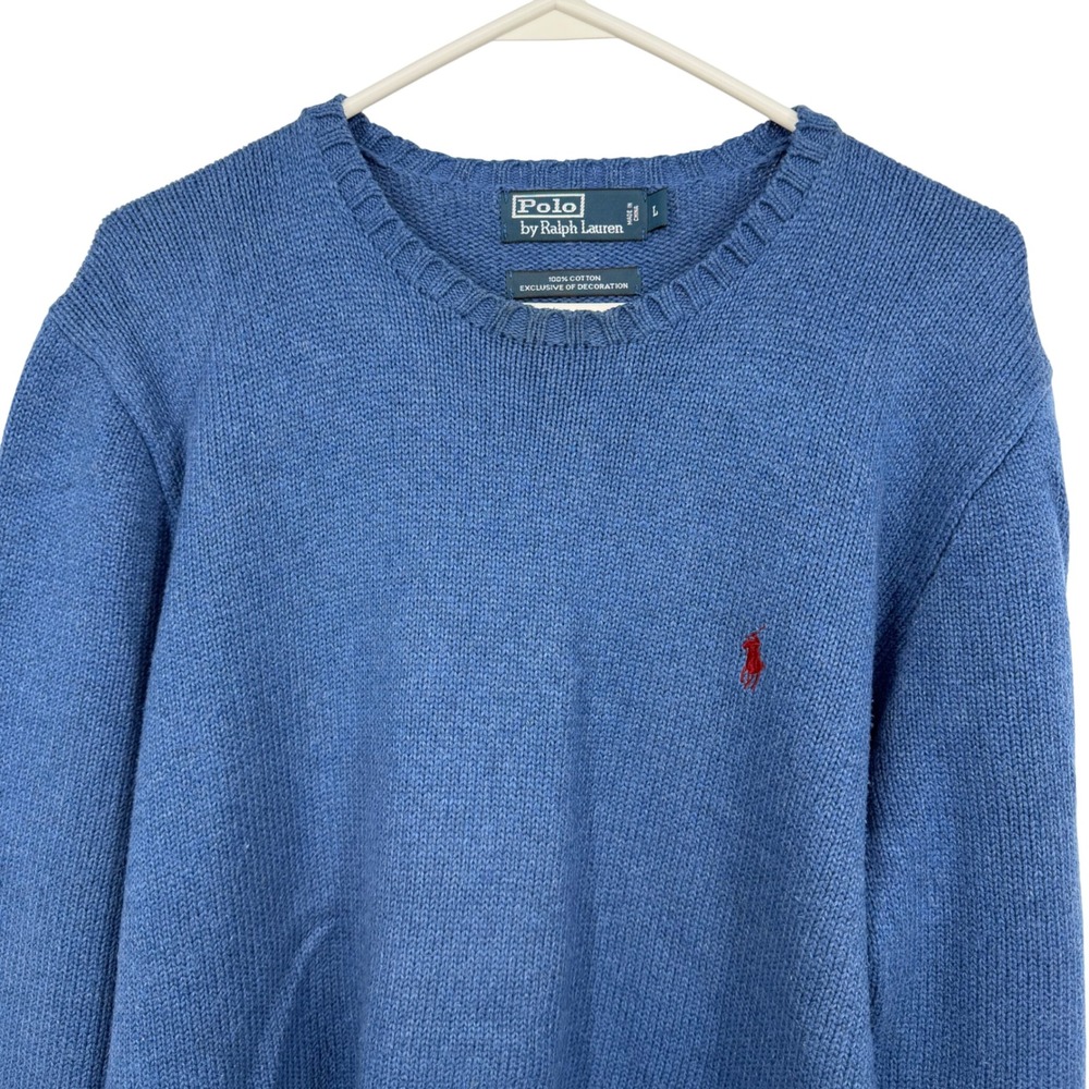 Polo Ralph Lauren Sweater Men Large Blue Cotton Crewneck Red Pony Logo Preppy